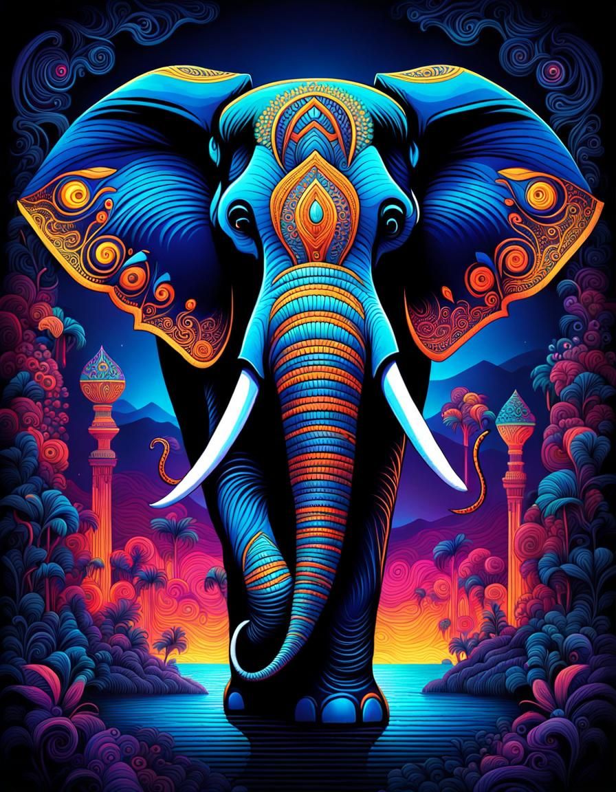 Mystical Elephant in Glowing Blacklight Marker Art