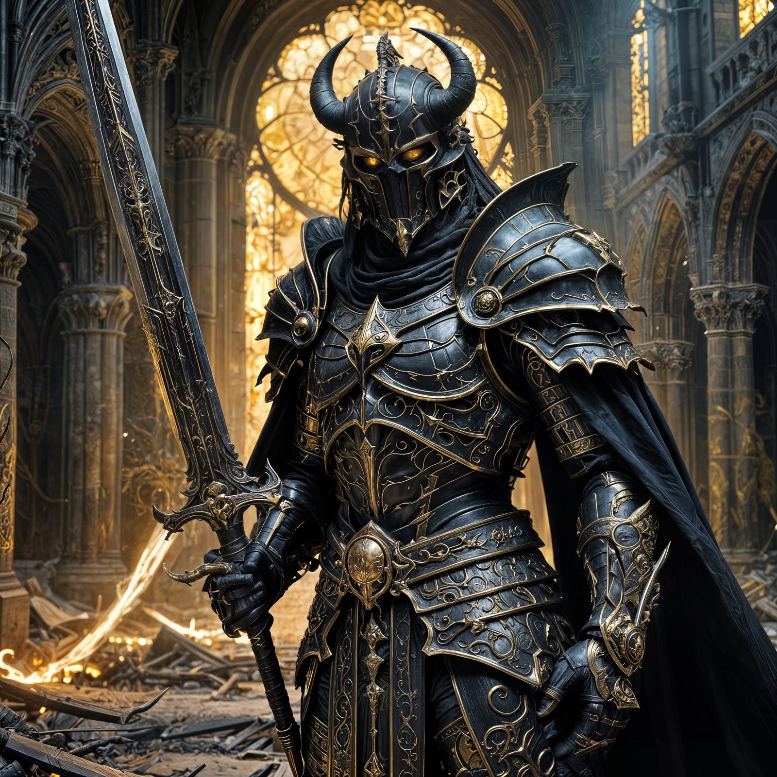 Elegant Tiefling Warrior in Black and Gold Armor in Cathedra...