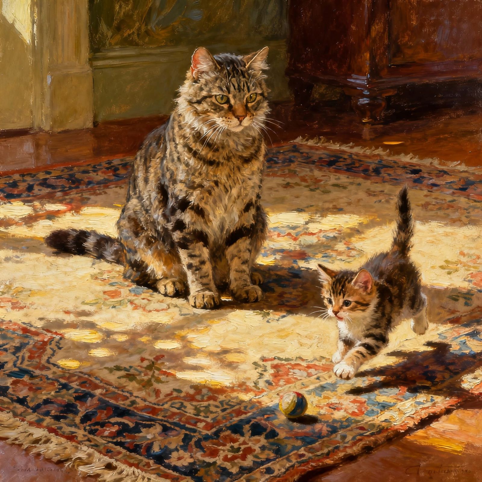 Wise Tabby Cat and Kitten in Dappled Sunlight Oil Painting