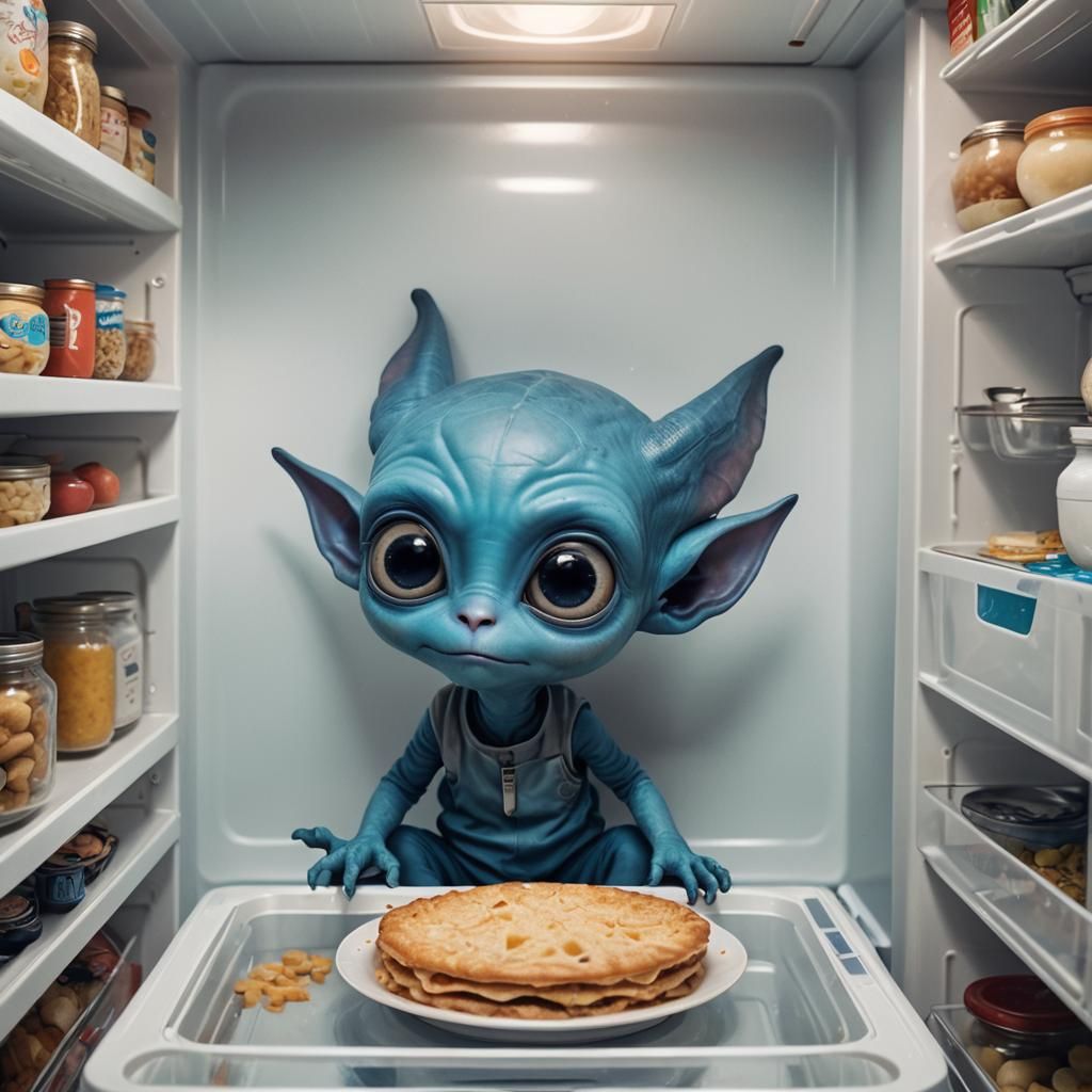 Cute Blue Alien Eating Food in a Fridge