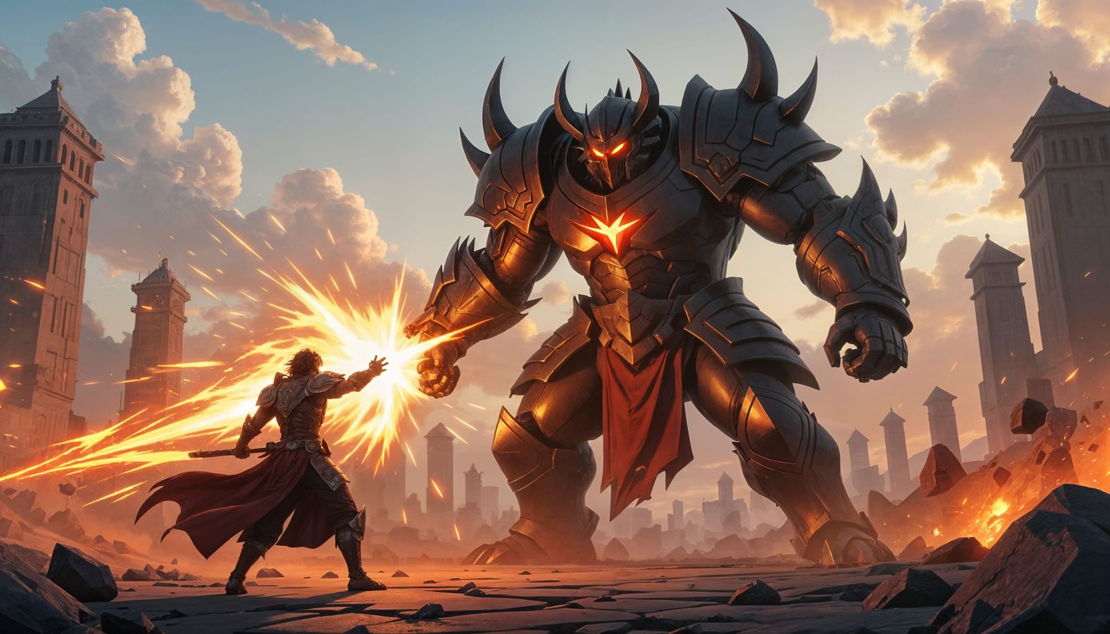 Warrior Summons Energy Strike Against Towering Foe