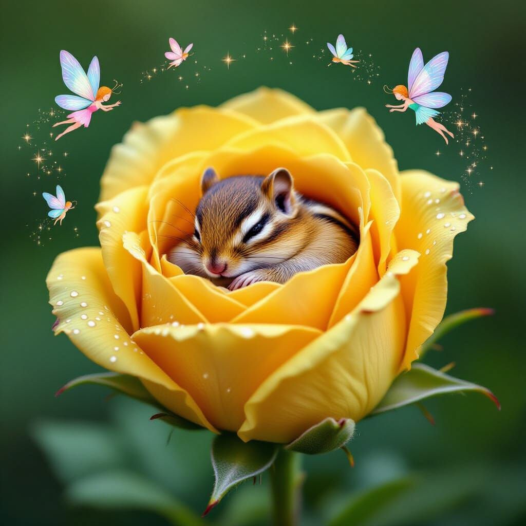 Chipmunk Sleeps in Giant Rose with Fairies