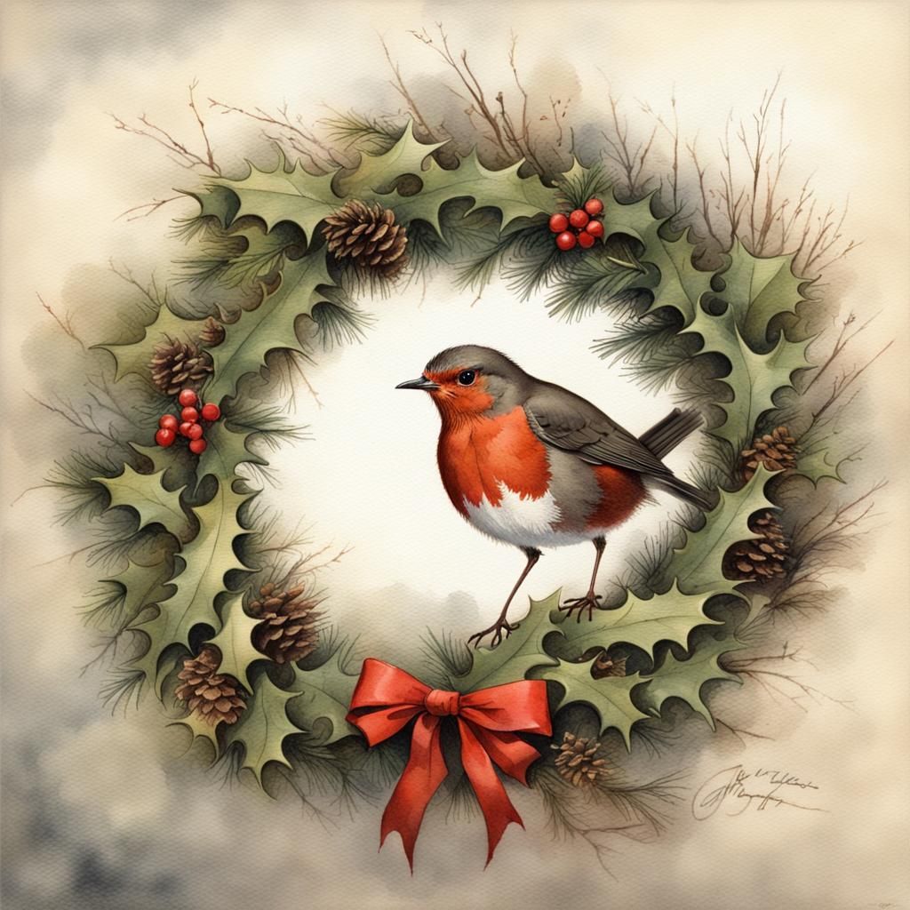Festive Robin in Christmas Wreath Watercolour