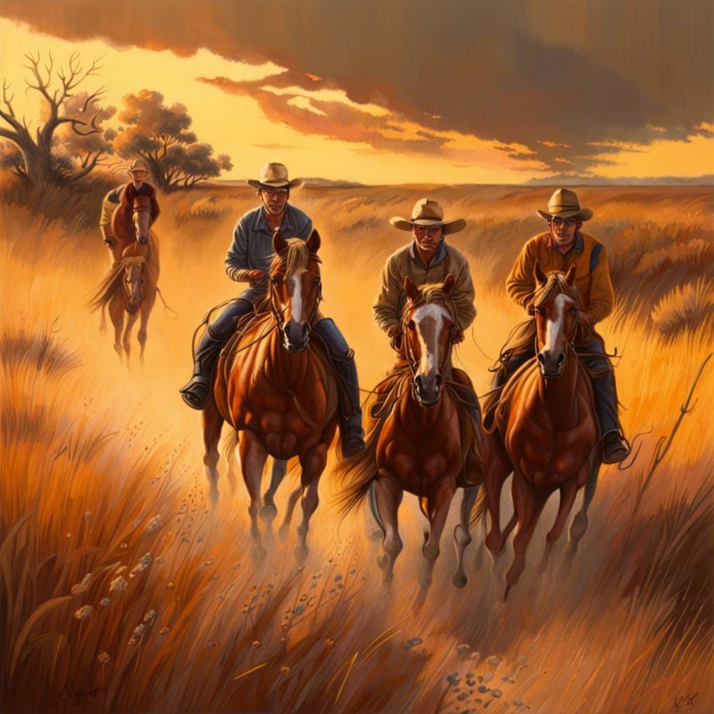 Horses Crossing Prairie in Warm Hues