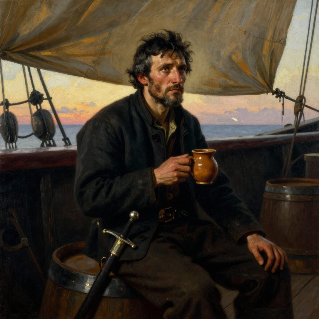 Man with Sabre on Ship Deck in Evening Light
