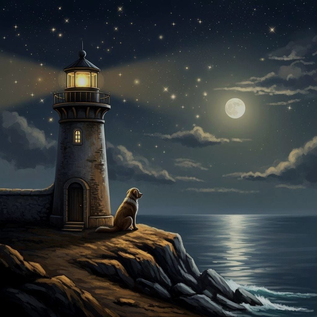 Painterly Lighthouse Scene Under Starry Night Sky