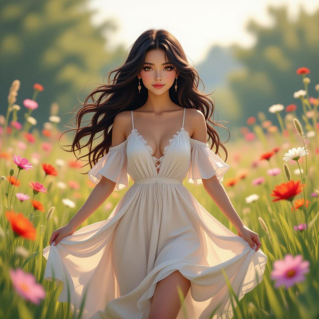 Girl in Floral Scene: Digital Oil Painting Anime Style