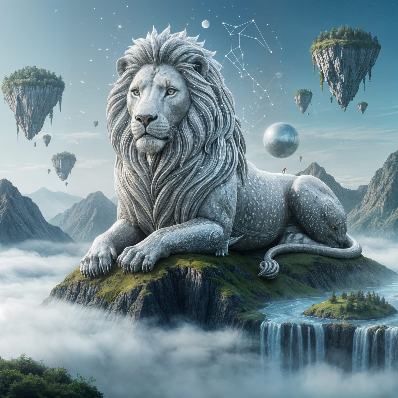 Iridescent Glass Lion Sculpture on Misty Mountaintop