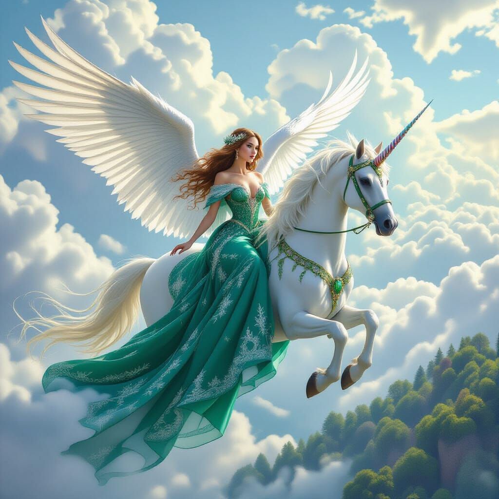 Woman on Pegasus Soaring Above Magical Forest