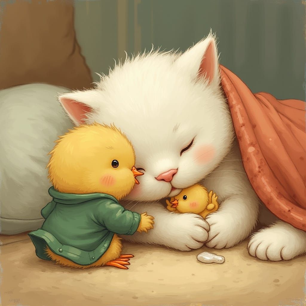 Loving Chick Cares for Injured Cat