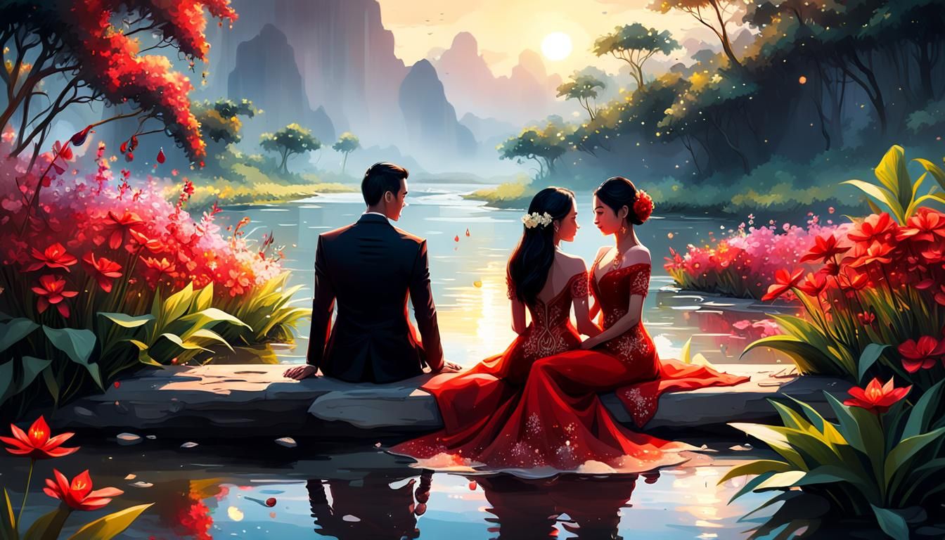 Indonesian Couple at River Sunrise, Digital Art