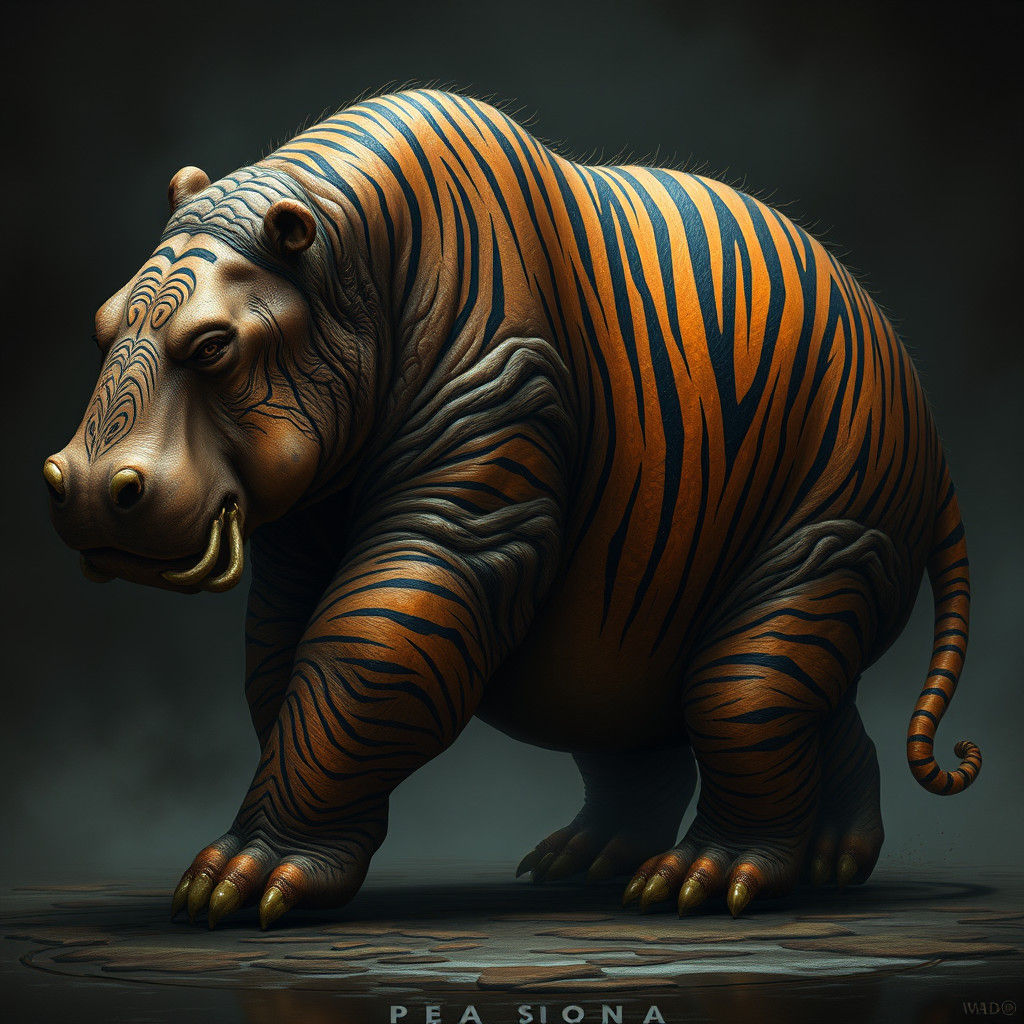 Tiger Hippo Hybrid in Beksiński-esque Style