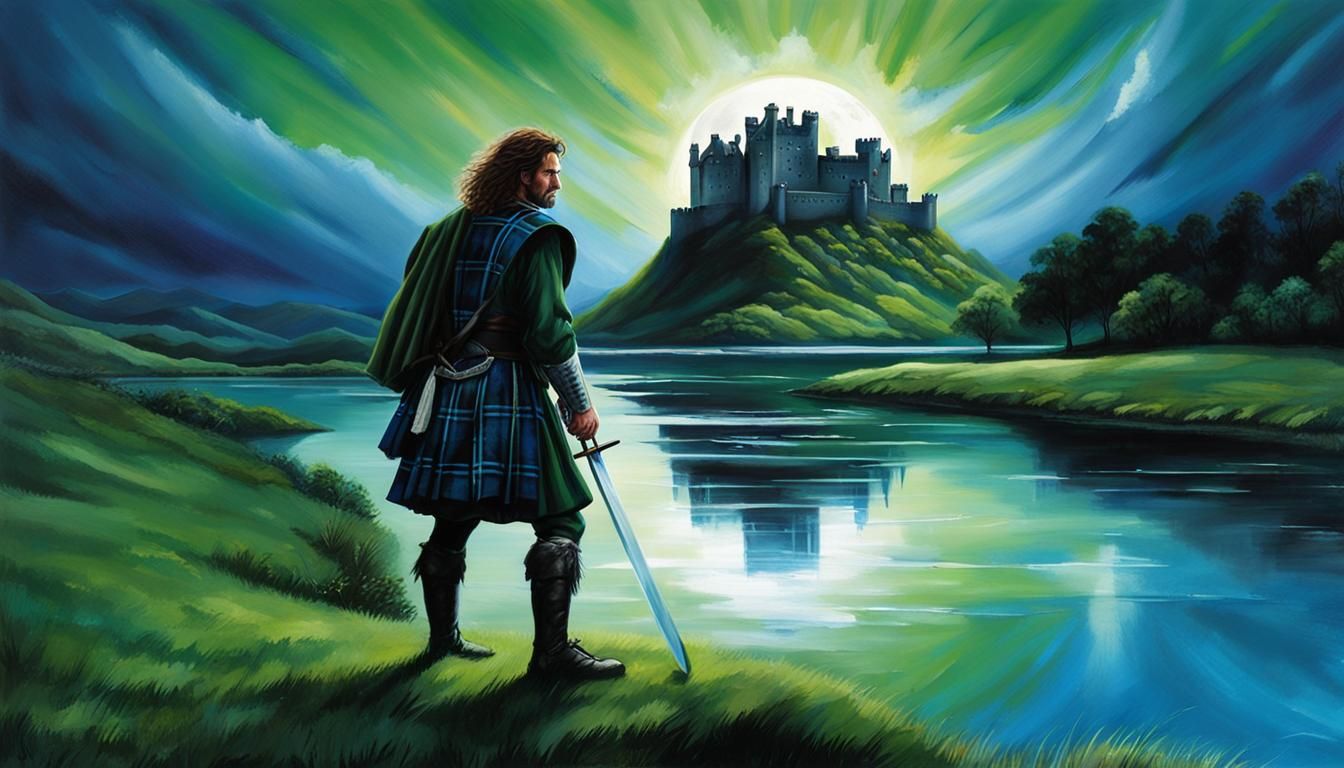 Hyper realistic. Closeup. Duncan Macleod highlander wearing a tartan kilt. Holding a sword. Standing on a hill. Scottish...