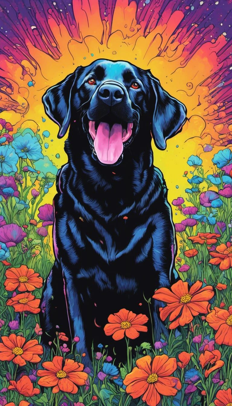 Psychedelic Black Lab in Cosmos Field: Graffiti Art