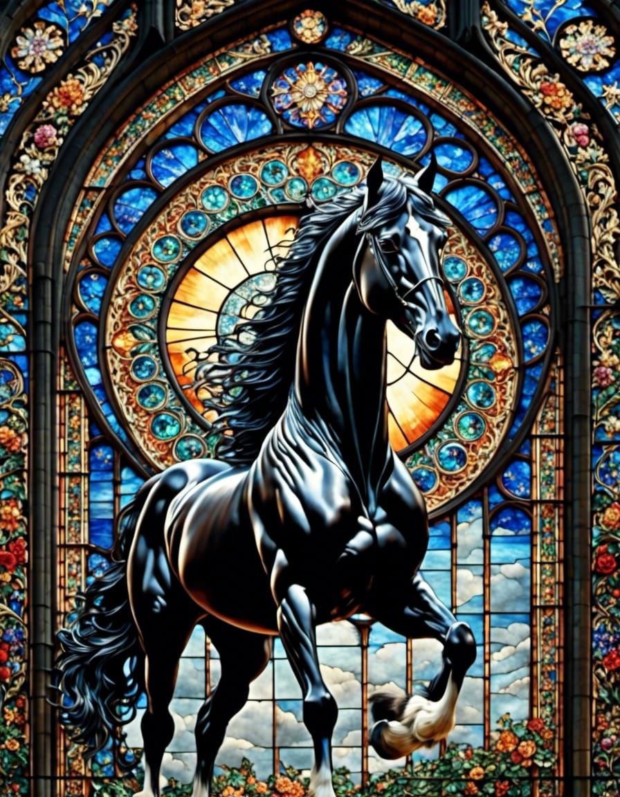 Friesian Horse in Stained Glass Style