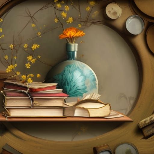 Vintage Still Life: Flower Vase and Old Books
