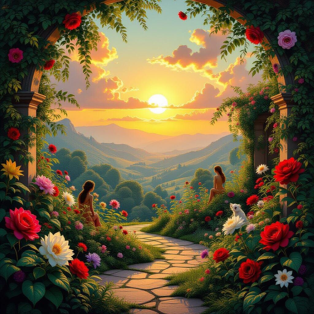 Surreal Garden at Sunset, Divine Beauty Digital Painting