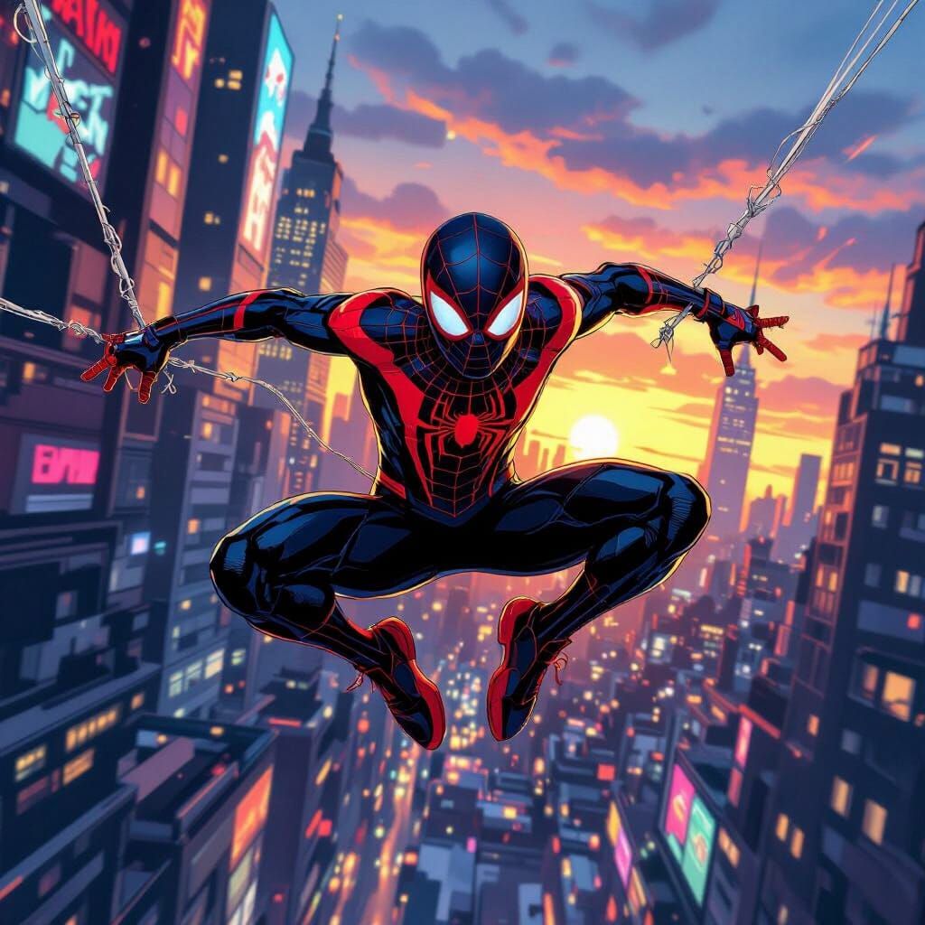 Miles Morales Swinging Through Futuristic NYC at Sunset