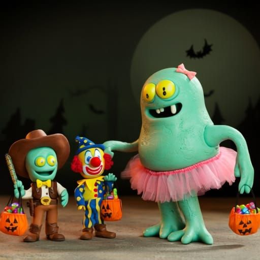 Claymation Cthulhu Family Trick-or-Treating in Costumes