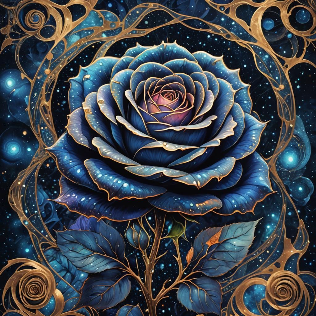 Dark Blue Rose in Cosmic Holographic Illustration