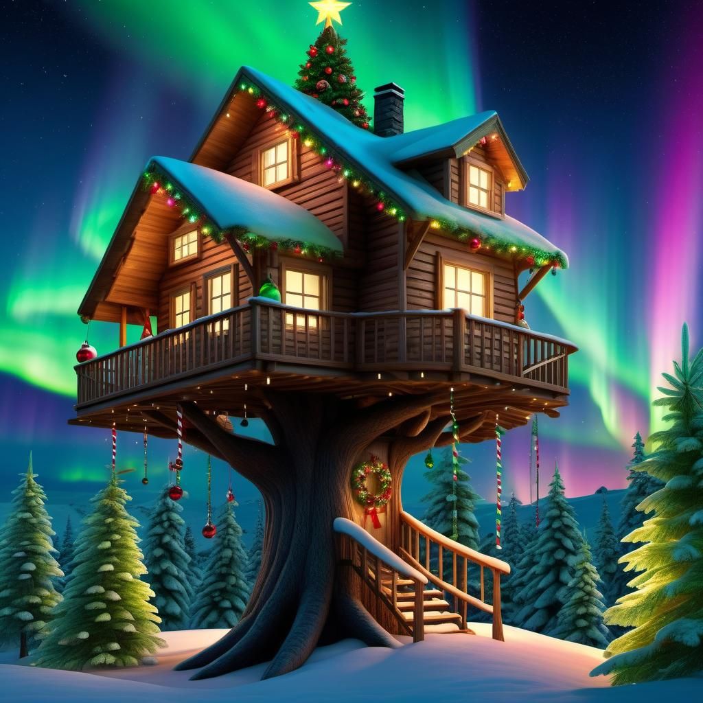 Aurora Borealis Illuminates Christmas Treehouse