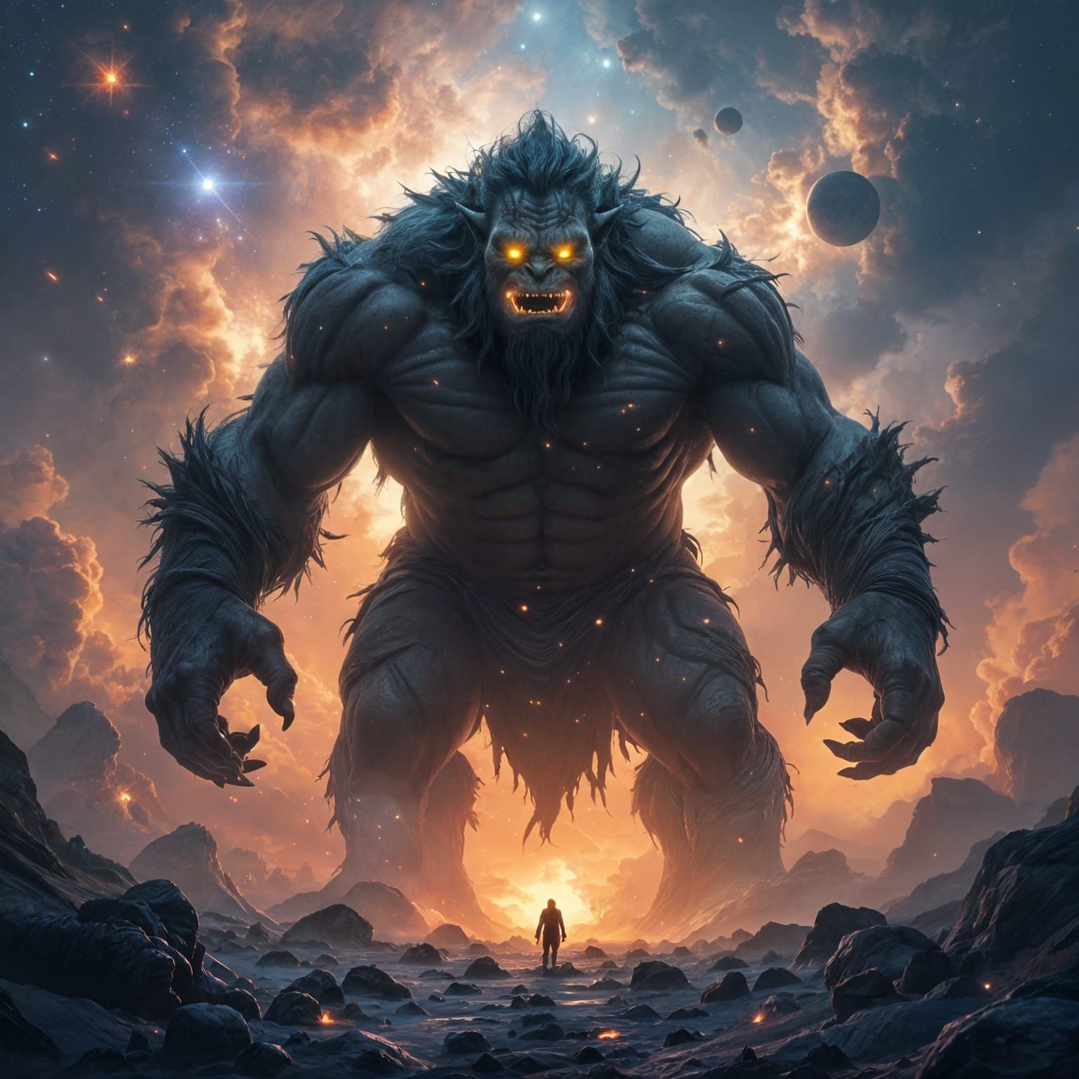 Colossal Obsidian Ogre in Cosmic Nebula