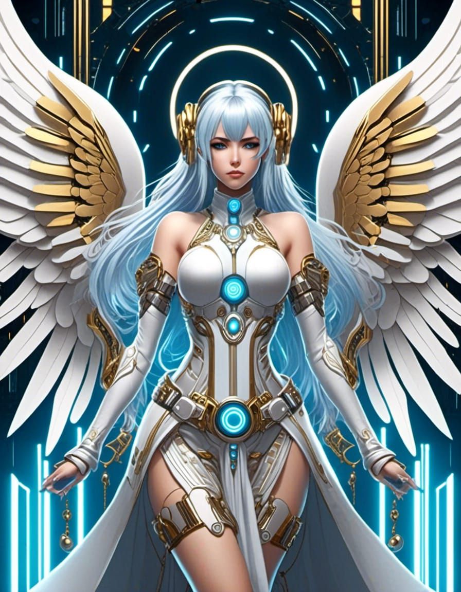 Symmetrical cyberpunk Anime Goddess, flowing Silver Blue hai...