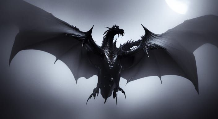 Ominous Dark Winged Dragon in Fog