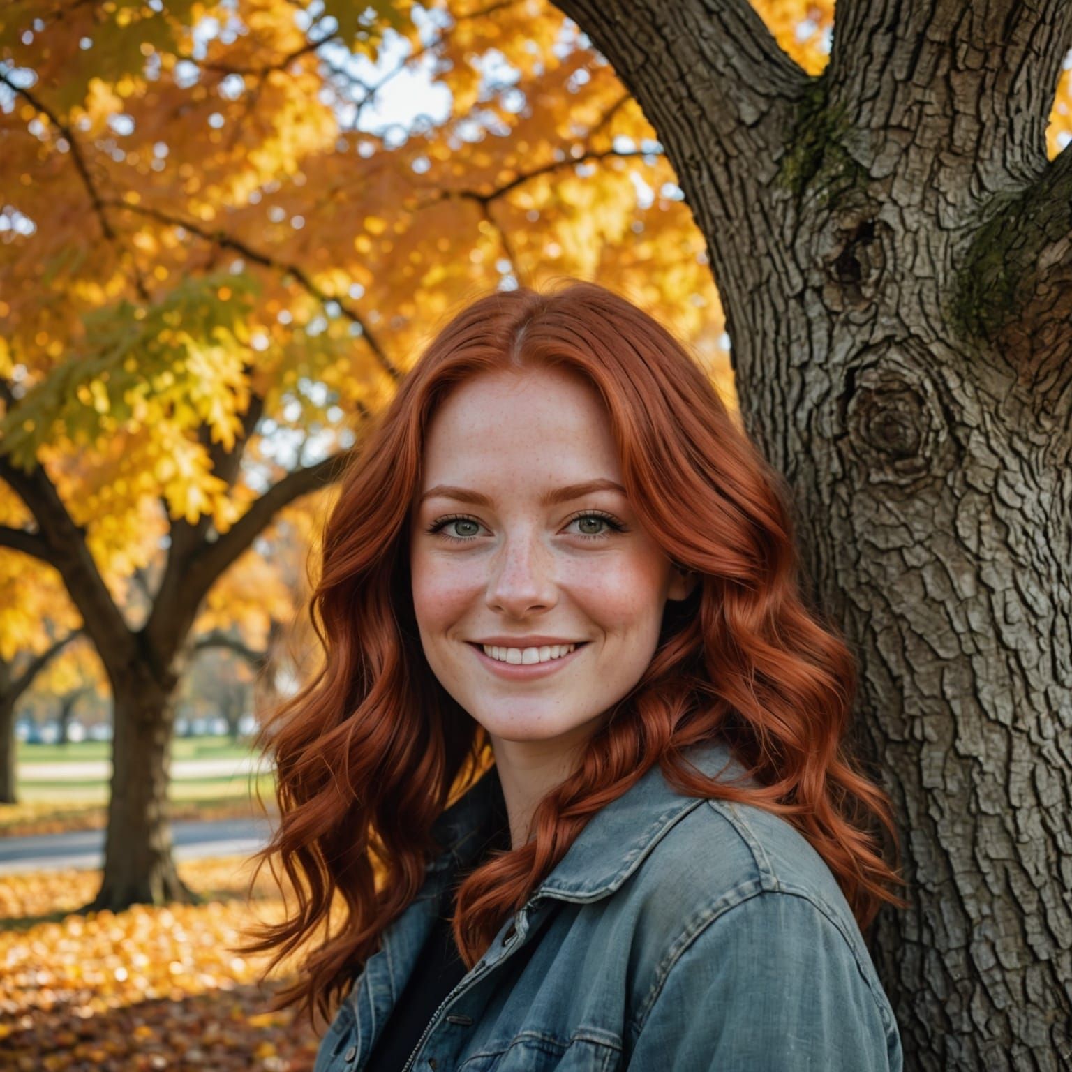 Smiling Woman Under Oak Tree in Autumn, Photorealism