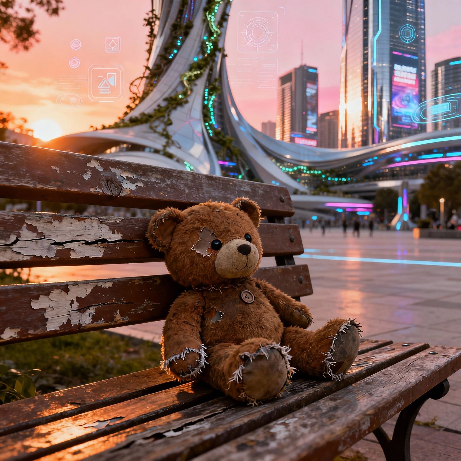 Worn Teddy Bear in Futuristic City Square at Sunset