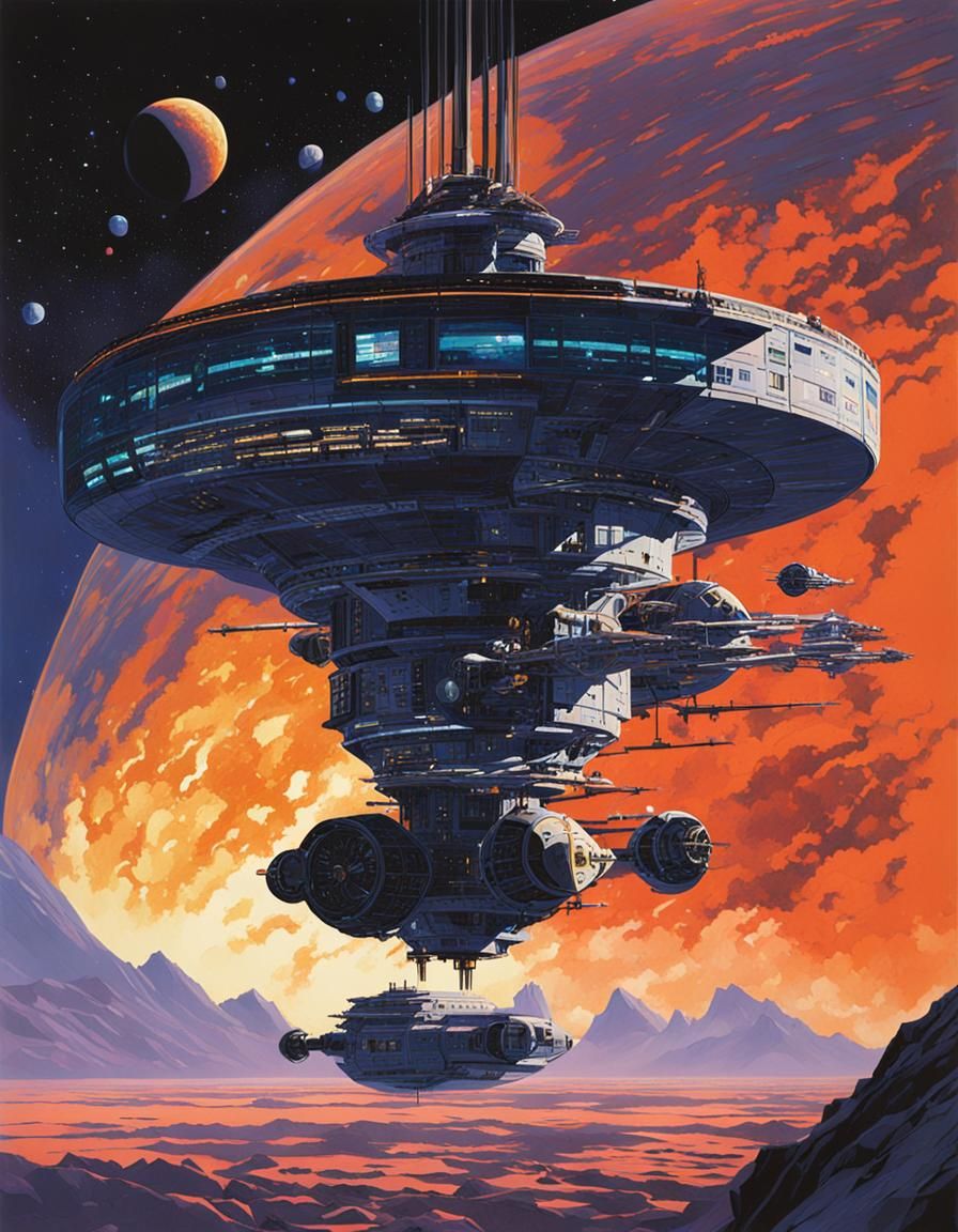 Space Station Among Nebulae in Retro Sci-Fi Style