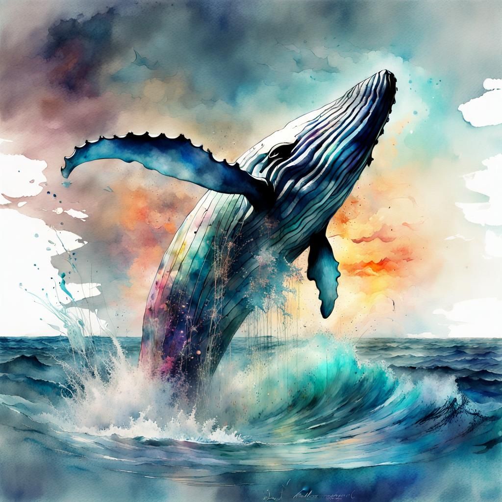 Watercolor Whale Leaping at Sunset
