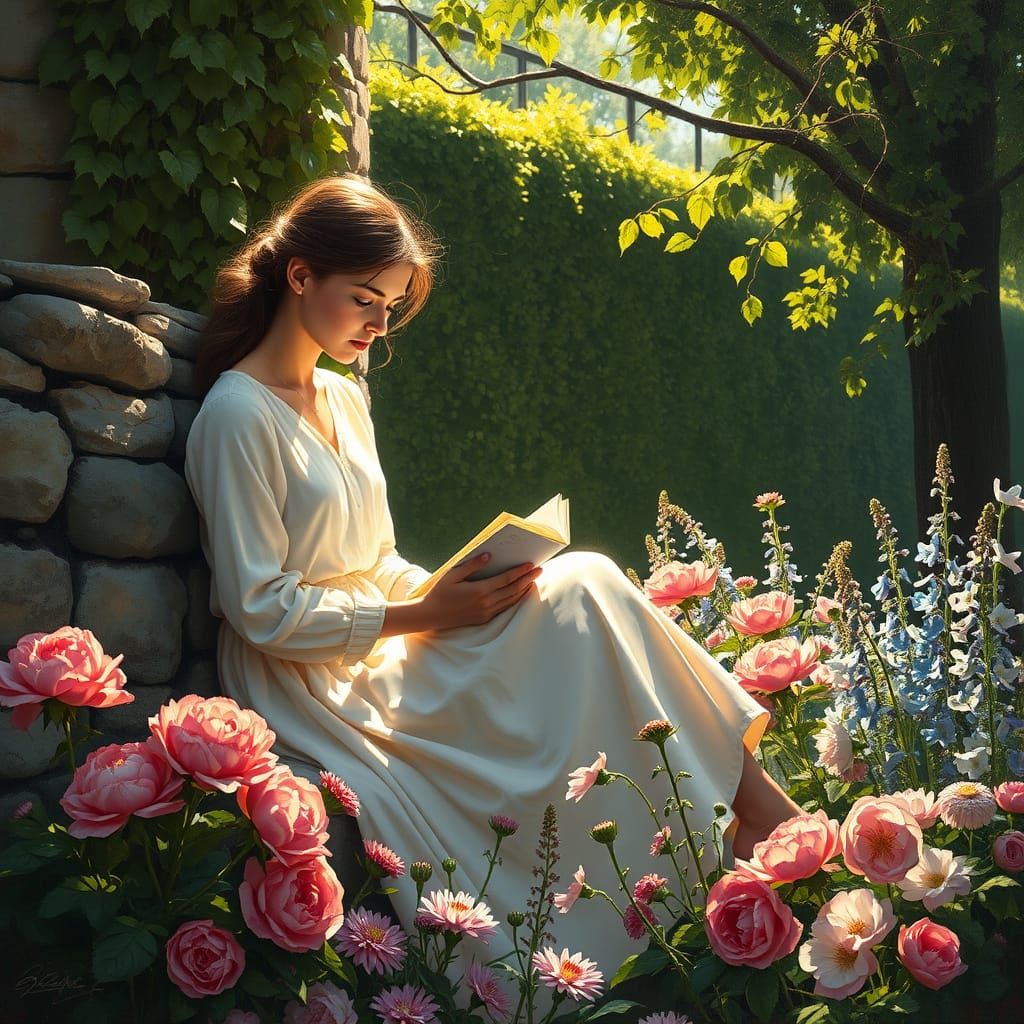 Woman Reading by Ivy Wall in Luminous Garden