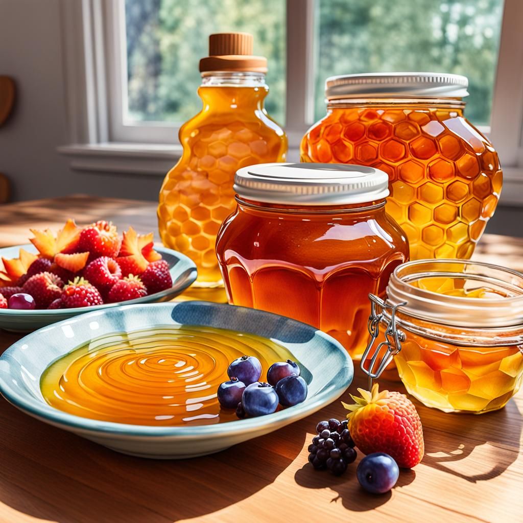 Vibrant Still Life of Honey and Fruit in Watercolor