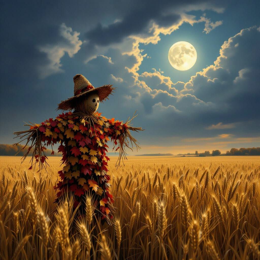 Solitary Scarecrow in Golden Wheat Field Under Dramatic Sky