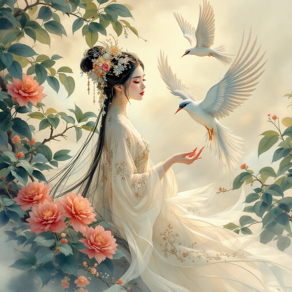 Ethereal Chinese Bird Maidens in Traditional Hanfu Attire