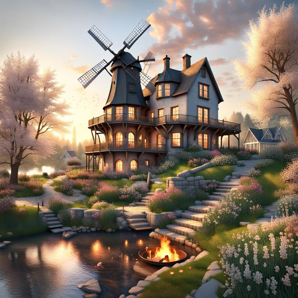 Double exposure :: 3D render of a charming windmill-home wit...