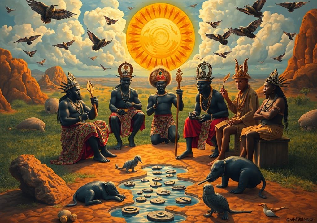 African Landscape with Yoruba Gods: Hyperrealistic Oil Paint...