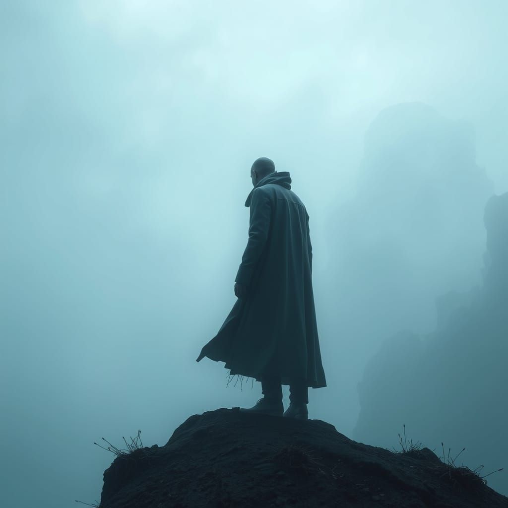 Ethereal Grey Figure Emerges from Foggy Realm