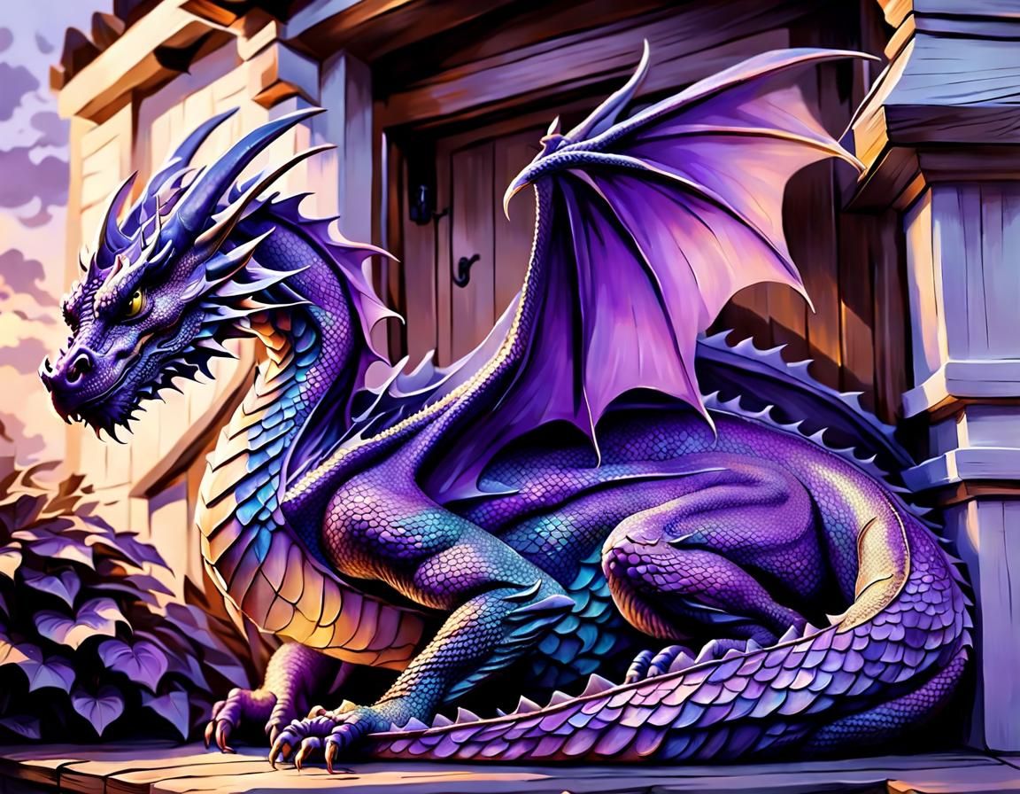 Dragon Waiting at Cottage Door at Dusk