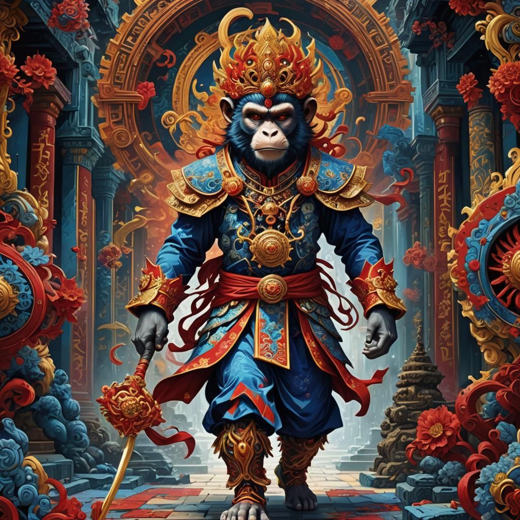 Monkey King in Fractal Temple, Pop Art Style