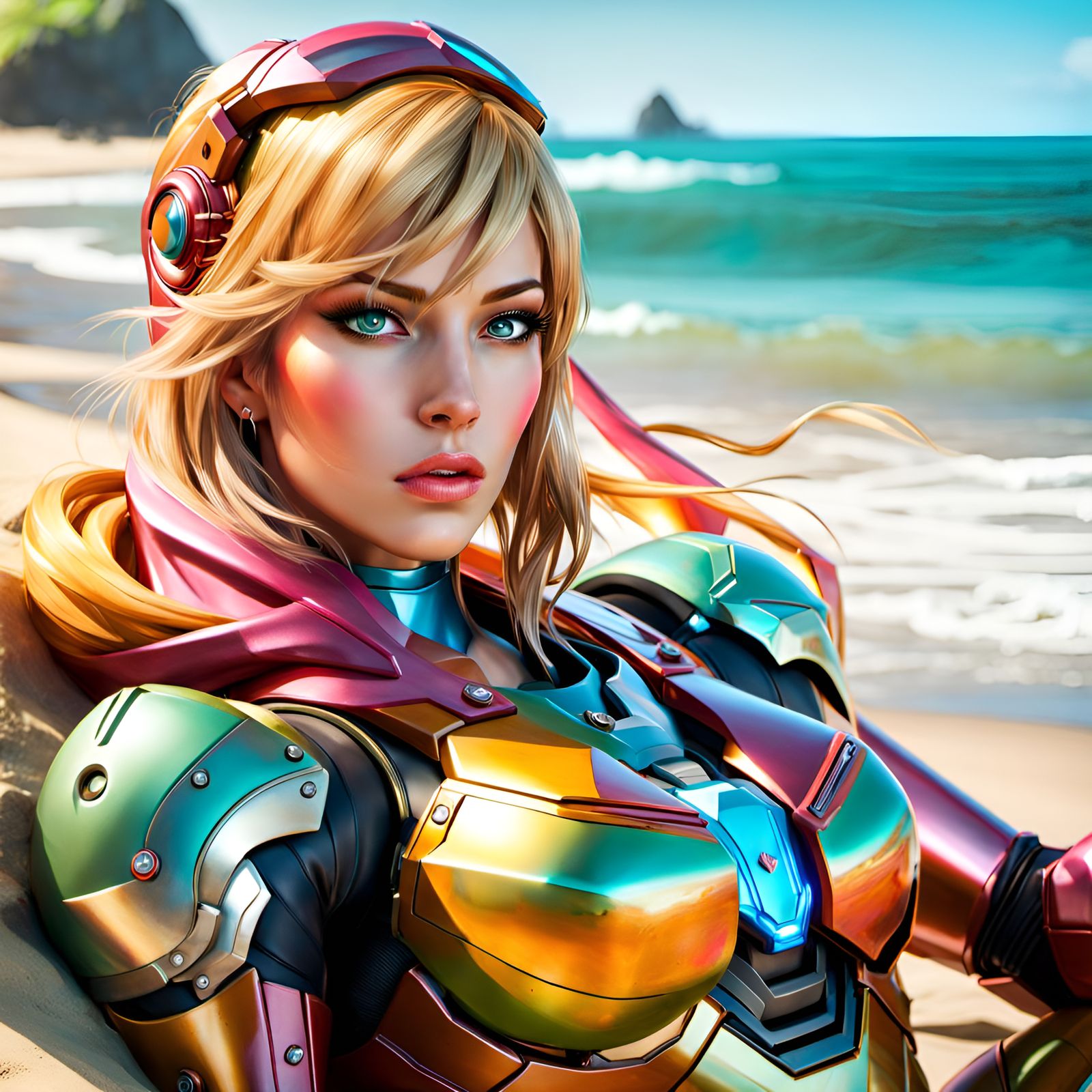 Samus Aran: Beach Day Portrait in Pin-Up Style