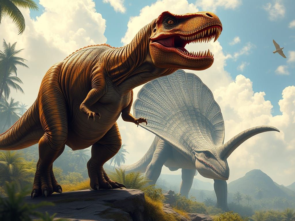 Mighty Prehistoric Predators Clash in Lush, Ancient Landscap...