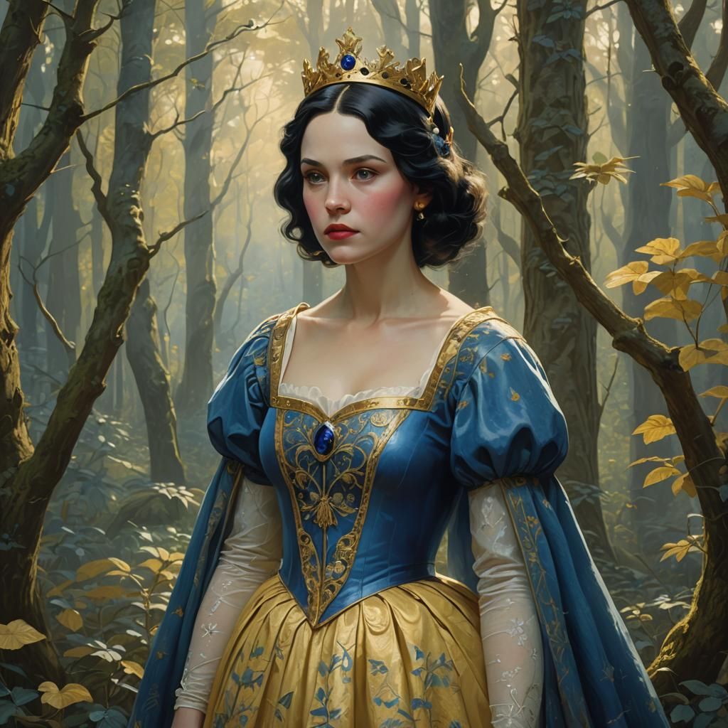 Snow White Portrait in Lush Forest, Illustration Art