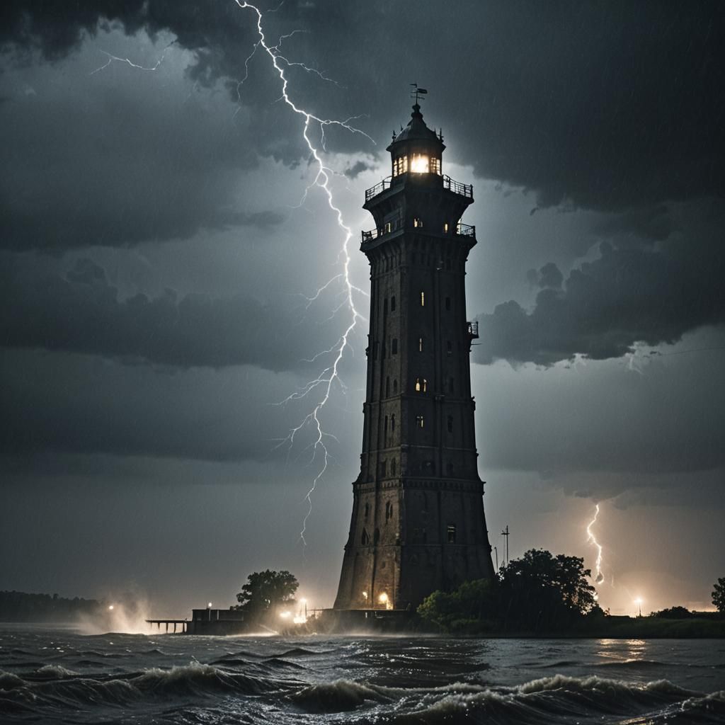 Noir Tower in Stormy Night: Cinematic Film Still