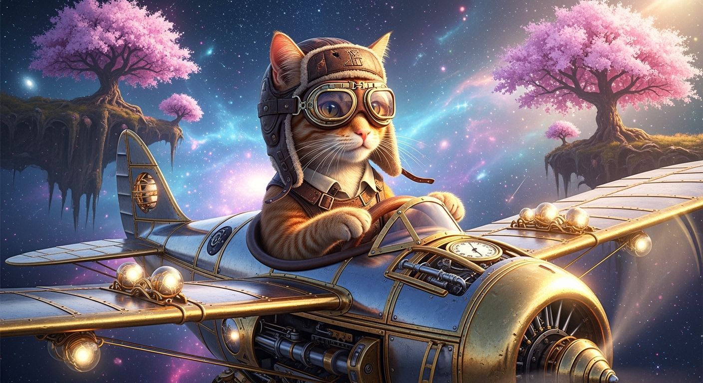 Ginger Cat Pilot Flies Biplane Through Cosmic Nebula