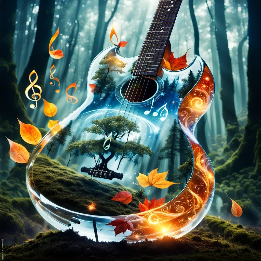 Fantasy Forest Guitar with Elements in Double Exposure