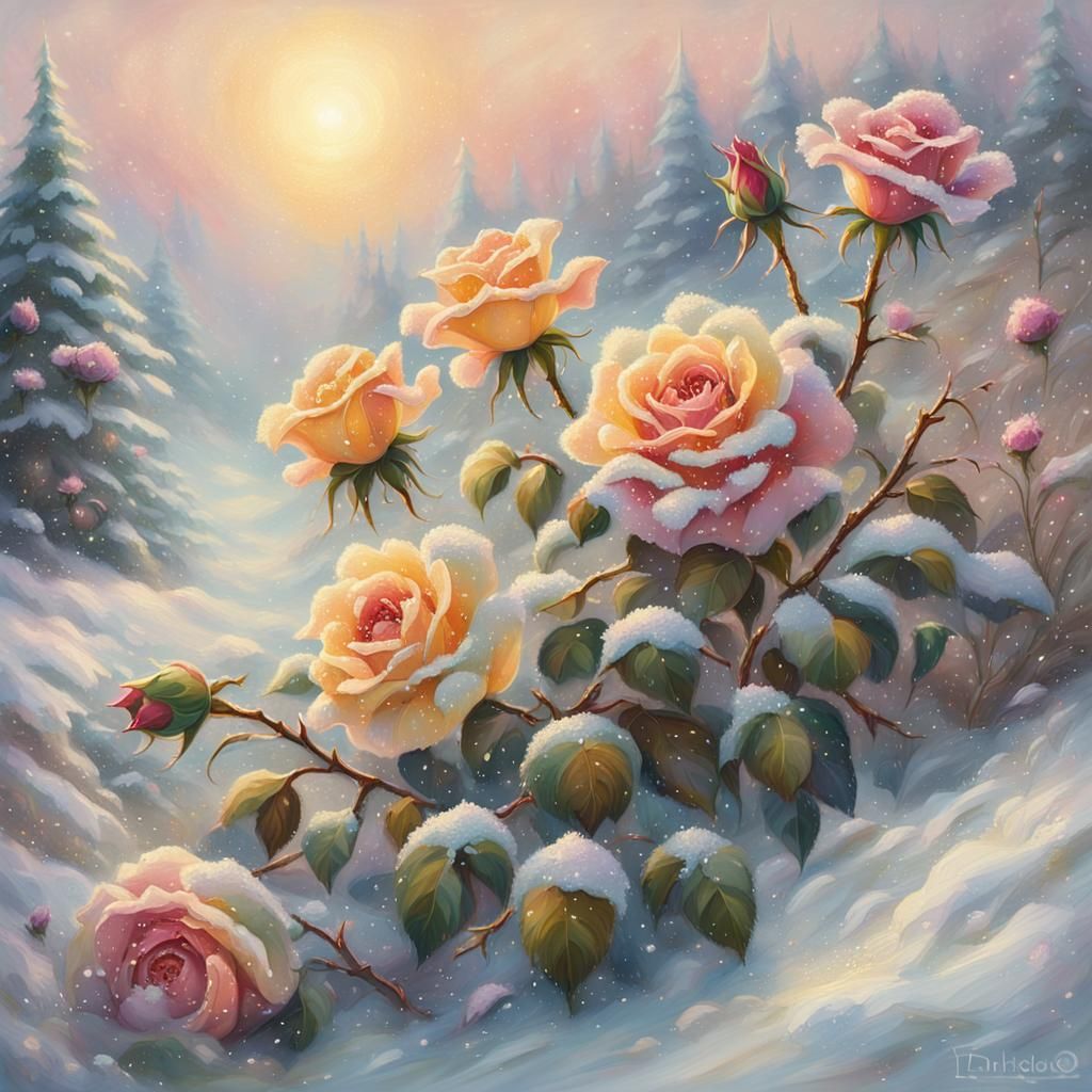 Whimsical Roses in Snowy Paradise, in Thomas Kinkade Style