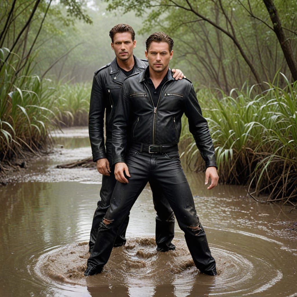 Rugged Leathermen Sinking in Quicksand, Eerie Wetland Landsc...