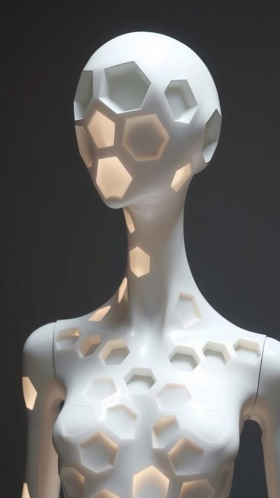 Futuristic White Mannequin with Hexagonal Holes in Photoreal...